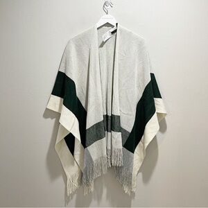 BCBG Women’s Green Ivory Stripe Shawl Wrap Fringed Open Front Gardenia OS